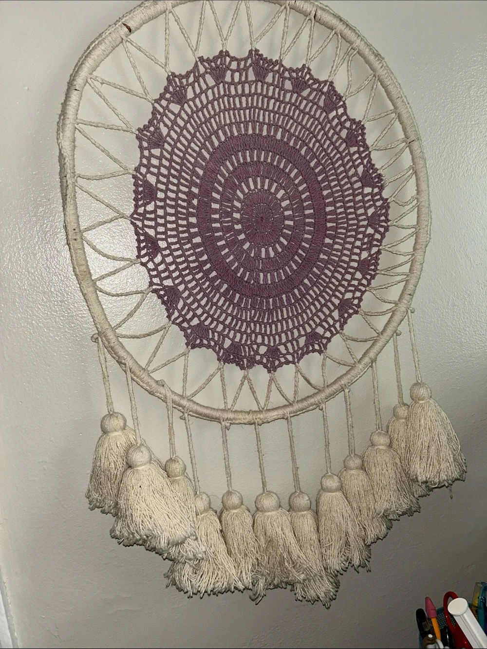 Handmade Boho Wall Hanging with Purple Crochet Center